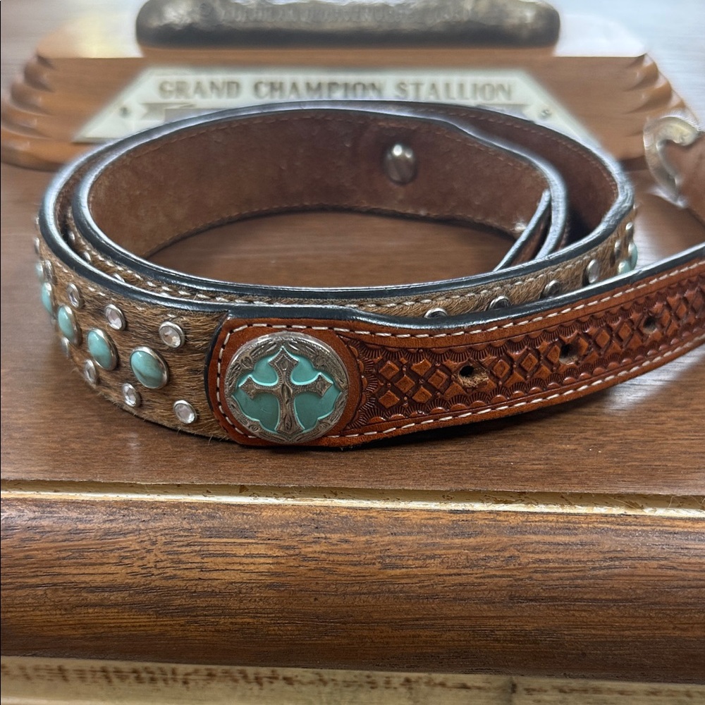 3-D Belt Co.  Brown Leather Belt with Turquoise/crystal Accents- hair on hide
